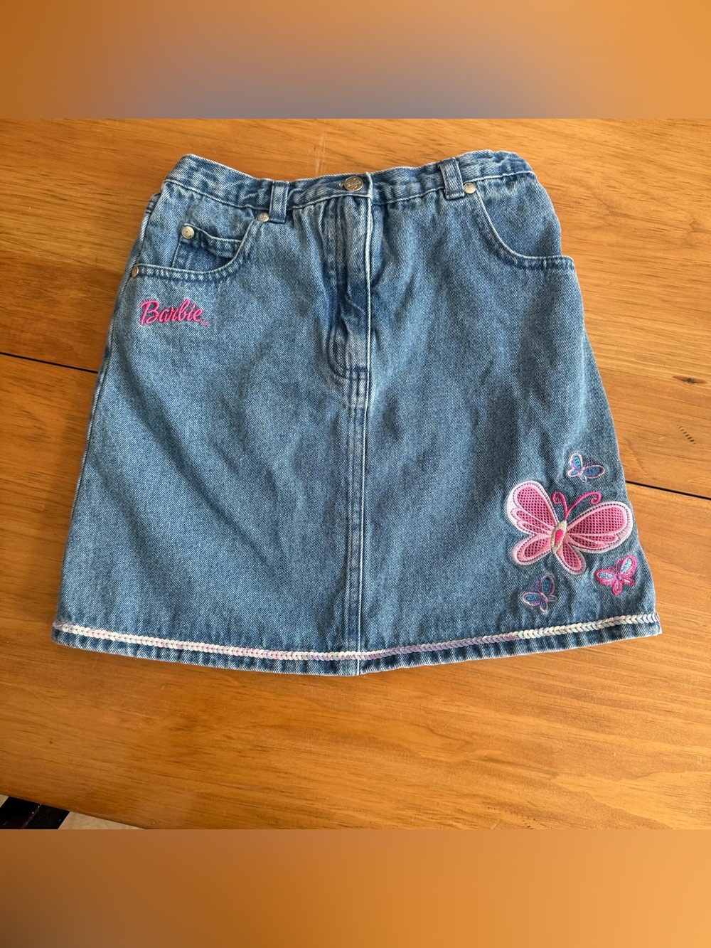 Vintage Barbie Blue Denim A-Line Skirt Pink Butterfly Embroidery Size 7/8 Girls